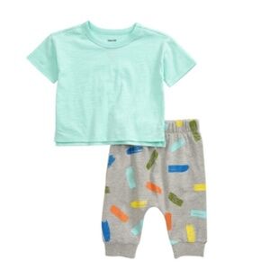Open Edit Boxy T-Shirt and Jogger Pants Set Green Grey Stroke Organic Cotton New